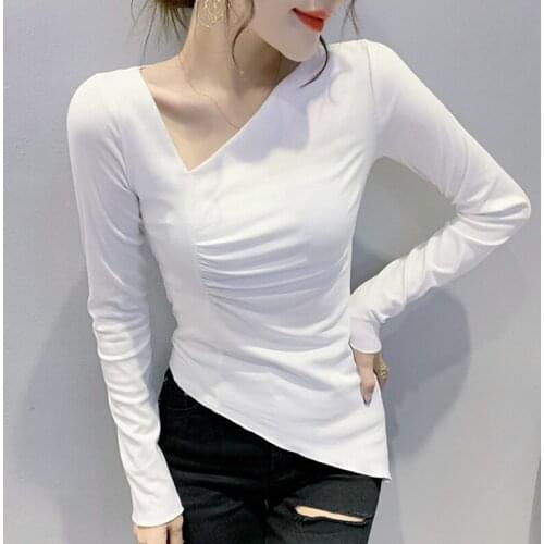 #8646 Black White Streetwear Tshirt Women Skew Collar Sexy Tshirt Long Sleeves Irregular T-shirt Female Cotton Women T Shirt