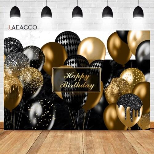 Laeacco Birthday Party Celebration Photocall Background Gold Black Balloon Baby Poster Portrait Customized Photographic Backdrop