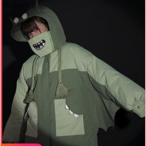 Woherb Kawaii Winter Padded Coat Funny Monster Hooded Parkas Harajuku Puffer Jacket 2021 Streetwear Bawting Sleeve Parka Jackets