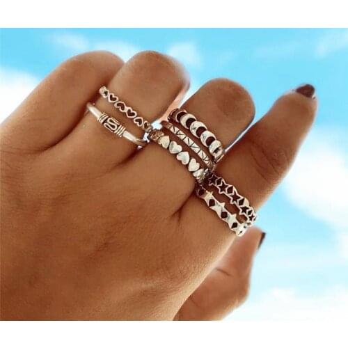 7 Pcs/Set Bohemian Vintage Heart Star Moon Punk Ring Set Ethnic Rings for Women Knuckle Ring Jewelry Gifts