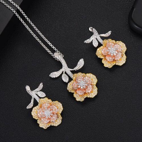 LARRAURI Trendy Wedding Bridal Big Drop Jewelry Set Classic CZ Flower Long Chain Women Necklace Statement Earrings
