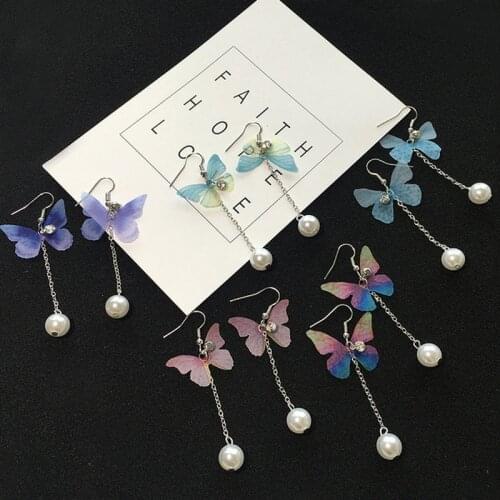 Minar Fairy Rainbow Gradient Butterfly Earrings for Women Long Tassel Round Pearl Simulation Wing Dangle Earrings Pendientes