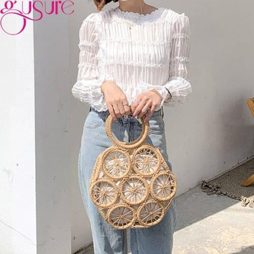 Gusure Fashion Rattan Hollow Straw Shoulder Bags Wicker Woven Women Handbag Summer Beach Crossbody Bags Lady Casual Travel Purse