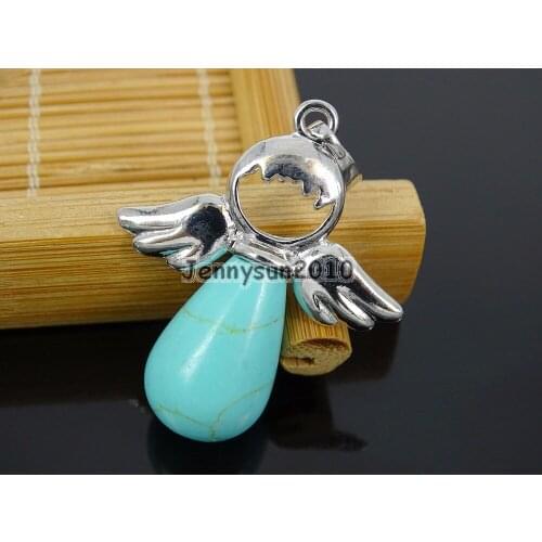Natural Stabilized Green Tur-quoise Gems Stone Angel Wing Teardrop Healing Pendant Charm Beads Healing Jewelry Design 10Pcs/Pack