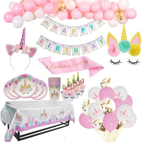 Girl Birthday Party Pink Unicorn Disposable Tableware Kit Number Balloon Baby Shower Unicorn Decor 1st Birthday Party Supplies