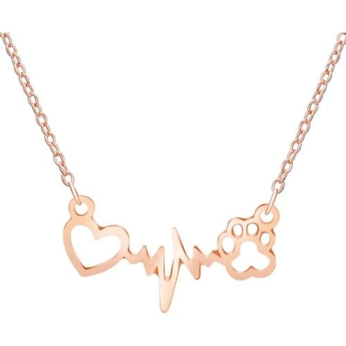 Dogs Cats Paw Print Pendants Necklace Vintage Cute Animal Love Heart Heartbeat Necklace For Women Men Jewelry Gift