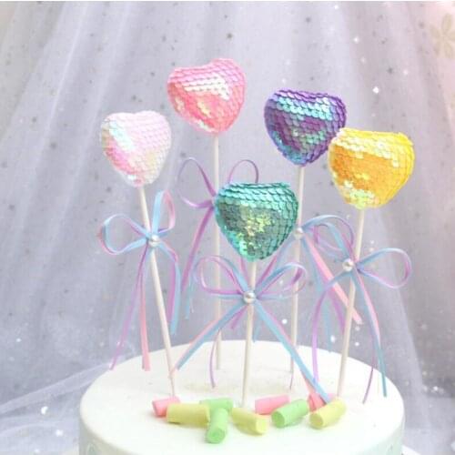 Romantic Love Heart Sequins Ball Cake Topper Dessert Table Decor Cake Decoration Children Event Birthday Party Christmas