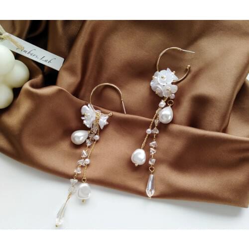 Fashion Jewelry Earrings Hot Selling White Simulated Pearl Glass Resin Flower Long Dangle Drop Earrings Women Jewelry Pary Gift