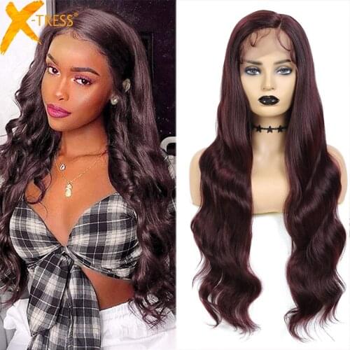 Synthetic Lace Front Wigs Red Burgundy Colored Body Wave Darker Brown Heat Resistant Fiber Side Part Lace Wig For Women X-TRESS