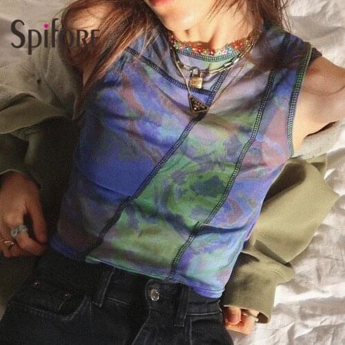 Spifore Print Mesh Tank Top Tie Dye Y2K Fashion Streetwear Sleeveless Summer Women Clothes Round Neck Aesthetic Crop Tops