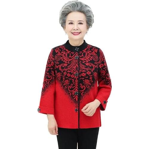 Middle-Aged And Elderly Womens Sweater Knit Cardigan Grandma Spring And Autumn Jacket Female Nine-Sleeve Shirt Coat L345