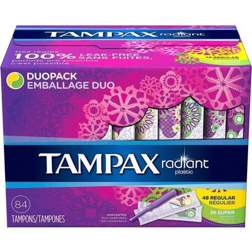 84 Pcs Tampax Radiant Tampon Waterproof Leak-proof Tampones 48 Pcs Regular & 36 Pcs Super Absorbency Sanitary Menstrual Napkin