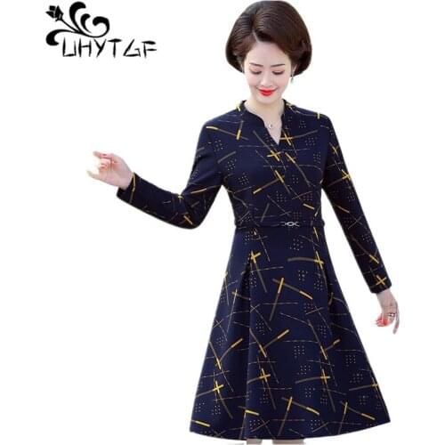 UHYTGF dresses woman party night fashion mom spring dress long-sleeved pullover elegant dress casual 5XL plus size dresses 1362