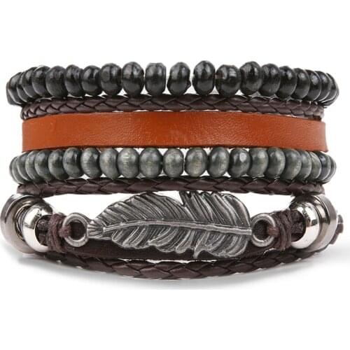 IFMIA Vintage Leather Beads Bracelet Bangles Multiple Charm Fashion Wristbands Leaf Bracelets Set for Men 2019 Party Jewelry New