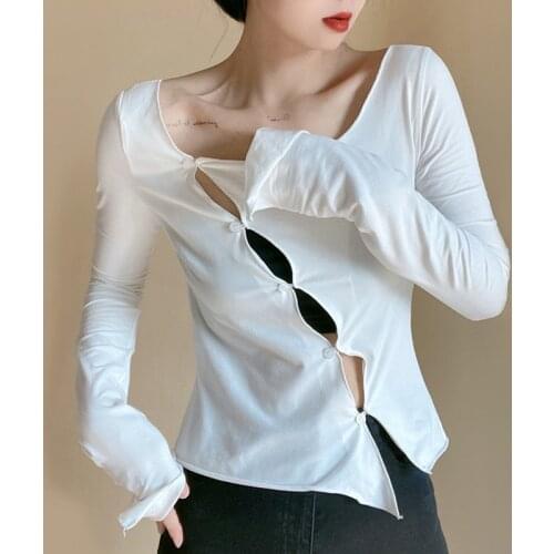Women O Neck Asymmetric Placket Shirt With Flare Sleeve