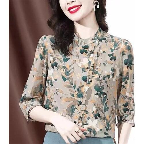 Women Spring Summer Chiffon Shirts Elegant Temperament Print Stand-Up Collar Ladies Blouses Loose Top Blusas MM1055