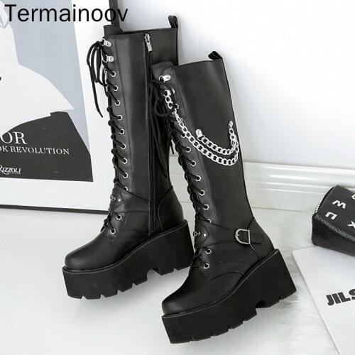Termaioov Women Boots Platform High Heeled Metal Chain High Boots Winter Martin Boots Rivrt Short Plush Long Boots