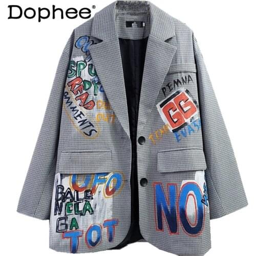 2021 Spring and Autumn Ins New Fashion Long Sleeve Blazer Graffiti British Style Plaid Jacket Casual Loose Suit Womens Coat