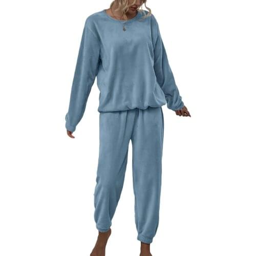 Women Two-piece Plush Nightwear Set Solid Color Round Collar Tops And Elastic Waist Pants