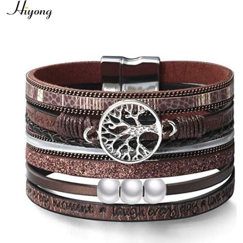 Fashion 5 Colors Multiple Layer Leather Bracelet For Women Pearl Tree of Life Wide Wrap Bracelet Magnet Clasp Bangles Jewelry