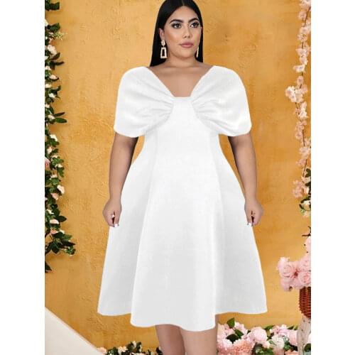 Plus Size Dresses Sexy V Neck A Line Short Sleeve High Waist Pleated Knee Length Office Evening Birthday Cocktail Dress Gowns