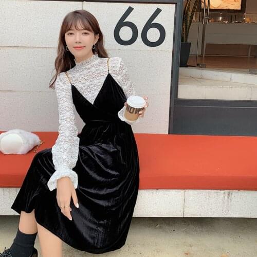 Real shot 2020 Autumn and winter new Korean version of womens Hepburn wind careful machine gold VELVET SLING DRESS