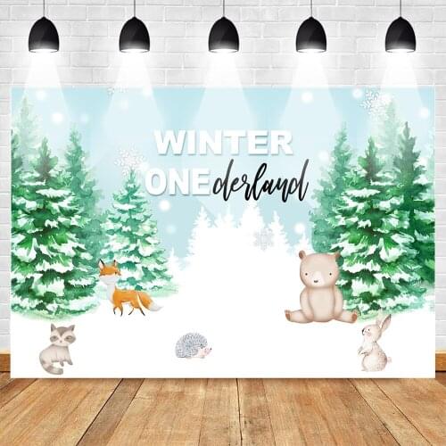 Winter Onederland Photography Backdrop Snow Green Forest Children Background Birthday Party Dessert Table Backdrop Jungle Animal
