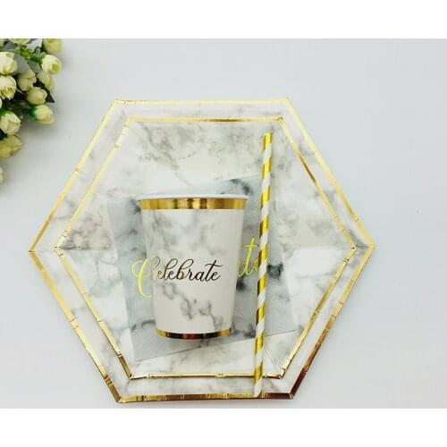 32 sets Marble Foil Gold Party Tableware Paper Plates Cups Napkins Straws Party Supplies Paper Tablewares Modern Table Setting