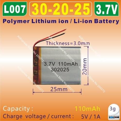 5pcs [L007] 3.7V,110mAH,[302025] Polymer lithium ion / Li-ion battery for voice recorder pen,smart watch;bluetooth,smartband