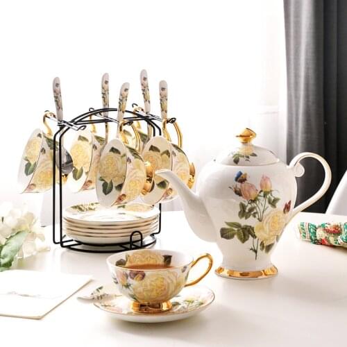 19pcs Bone China Tea Set Coffeeware Pastoral Rose Coffee Cups And Saucers Tea Pot Home Office Gift For Friends Birthday Wedding