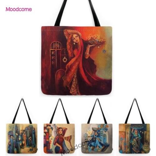 Cartoon Muslim Girl Arab Culture Islamic Woman Middle East Art Travel Souvenir Tote Bag Water Resistant Linen Gift Shoulder Bag