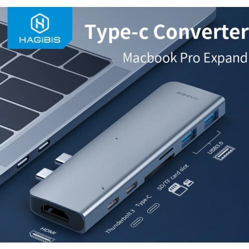 Hagibis 7-in-1 Dual USB-C HUB Type-C Adapter USB-C to SD/TF Card Reader HDMI-compatible PD Charging 4K HD for MacBook Pro U