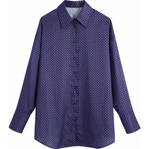 Evfer Women Sprint Autumn Casual Geometric Print Za Long Shirt Oversize Chic Lady Fashion TurnDown Collar Long Sleeve Loose Tops