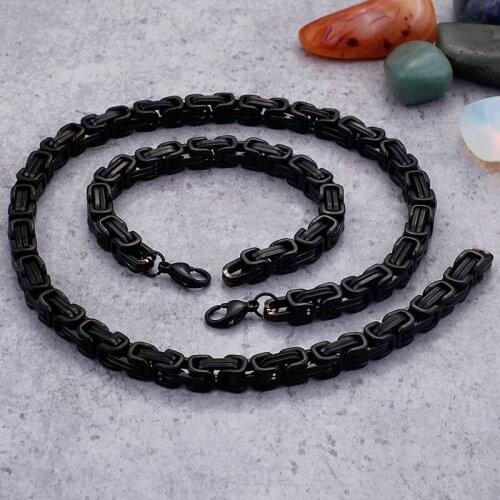 IP Black 5mm/6mm/8mm Wide Choose Stainless Steel Square Byzantine Chain Necklace Bracelet Hip-Hop Mens Women Jewelry 8''-24