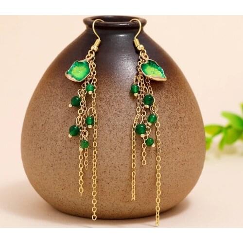 Chinese classical Hanfu silver earrings, retro style, thin face, tassels, long super fairy green temperament, sterling silver ea