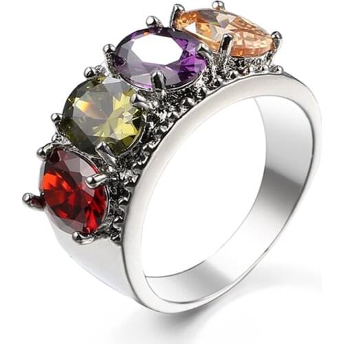 Classic Geometric Jewelry Silver color Stackable Round Multicolor AAA Zircon Rainbow Rings for Women Best Lover Gift