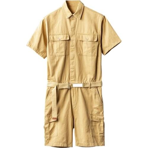 Summer Short Sleeve Jumpsuit Men Overalls Lapel Multi Pocket Solid Color Cotton Comfortable Casual Black Khaki Shorts Pants