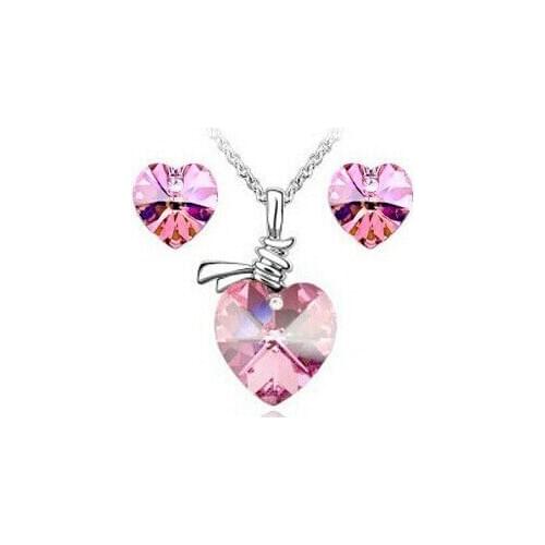JS S083 Heart Jewelry Sets High Quality Austrian Crystal Necklace Set Nickel Free Pink Jewelry