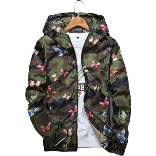 Mens Casual Camouflage Hoodie Jacket 2019 New Autumn Butterfly Print Clothes Mens Hooded Windbreaker Coat Male Outwear