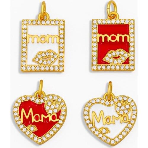 OCESRIO CZ Enamel Mom Necklace Charms for Jewelry Making Gold Red Heart Pendant Charms for Women Wholesale pdta247