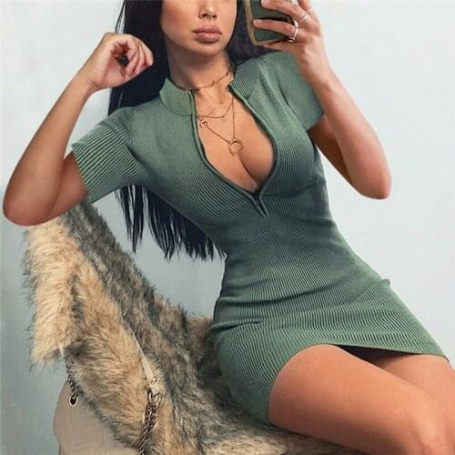 Summer Stretch Slim Soft Ribbed Knitted Turtleneck Dress Woman 2021 Fashion Solid Green Casual Bodycon Zip Pencil Party Dress