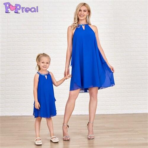 PopReal Family Matching Outfits Elegant Girl Dress Mother And Daughter Outfits Mom And Daughter Dress Solid Halter Hollow Out
