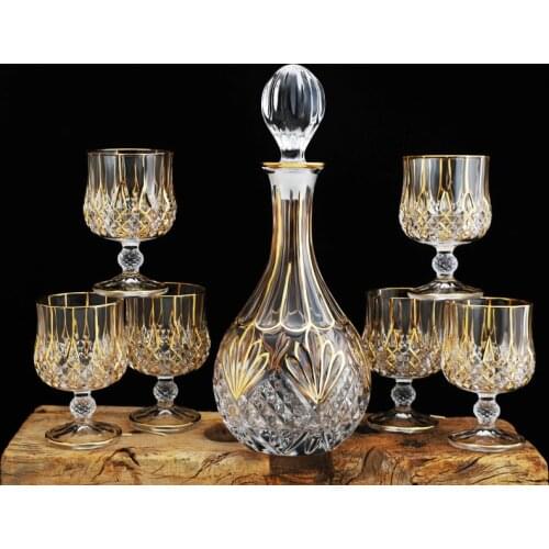 Luxury gold rim crystal wine Decanter and glass goblet 7-piece set home Whiskey Brandy glass cup golden rim red wine bottle