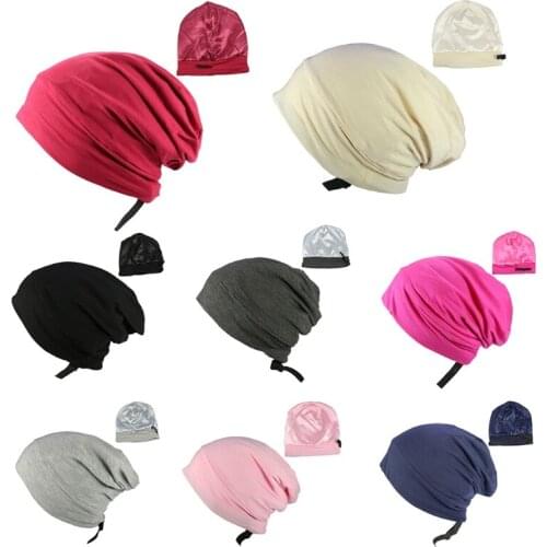 Satin Lined Sleep Cap Hair Cover Bonnet Adjustable Slouchy Beanie Sleeping Hat 649D