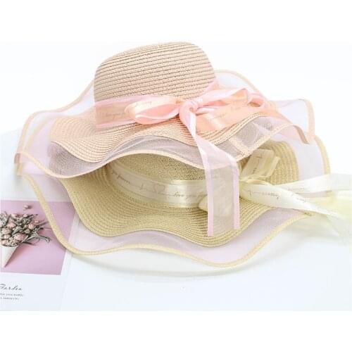 New Summer Female Sun Hat Bow Straw Cowboy Hat Visor Temperament Flat Straw Hat Womens Sea Beach Vacation Leisure Sunscreen Hat