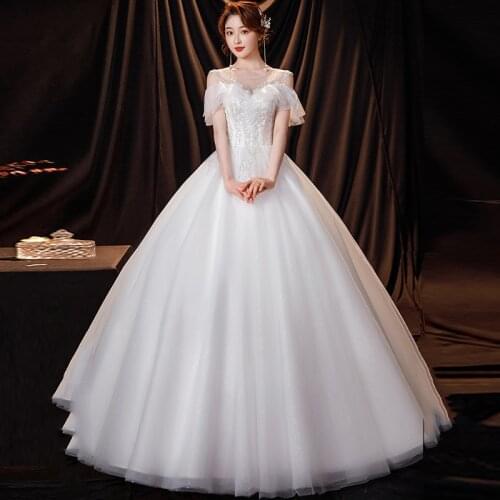 Wedding Dresses Illusion O-Neck Short Backless Tulle Lace Sequined Pearls Luxury White Off The Shoulder Women Bridal Gown GB498