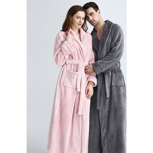Extra Long Plus Size Winter Warm Coral Fleece Bathrobe Women Men Flannel Dobby Kimono Bath Robe Bridesmaid Dressing Gown Wedding