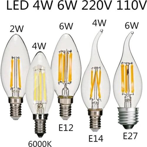 10PCS LED Design Energy Saving 4W 6W Candle C35L C35 Bulb E14 E12 E27 220V 110V Dimmable 2700K Filament Light 360 Degree Lamp