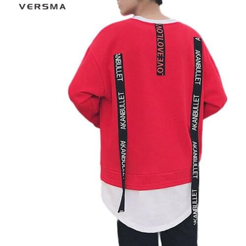 VERSMA 2017 Japanese Harajuku Ribbon Patchwork Hoodies Sweatshirts Men Hip Hop Swag Fake Two Piece Black Male Hoodie Sweatshirt