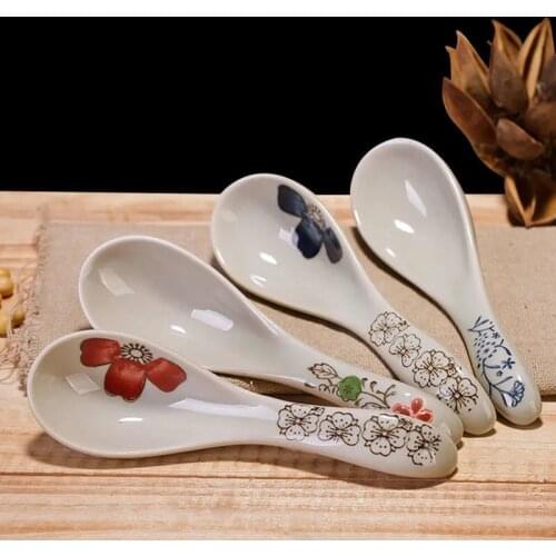 5.5in Cute Small Spoon Japanese Soup Spoon Household Ceramic Spoon Eating Spoon Pastoral Style Tableware Soup Drinking Spoon
